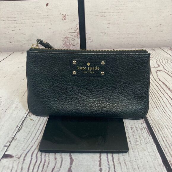 Kate Spade‎ Pebbled Leather Wristlet Pouch Wallet Clutch Black Chic Preppy - Picture 7 of 16